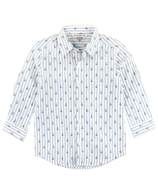 Boys Anchors Ahoy Stripe Long Sleeve Button Down