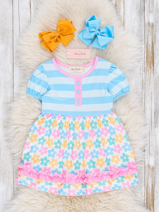 Pink/Blue Flowers Stripes Dress