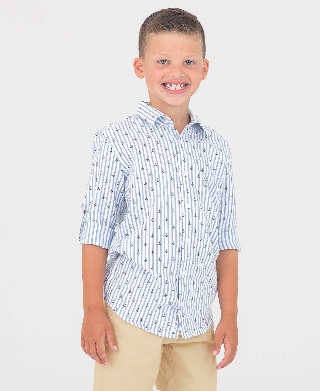 Boys Anchors Ahoy Stripe Long Sleeve Button Down