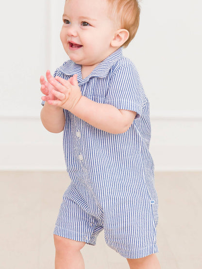 Classic Blue Seersucker Button-Up Romper
