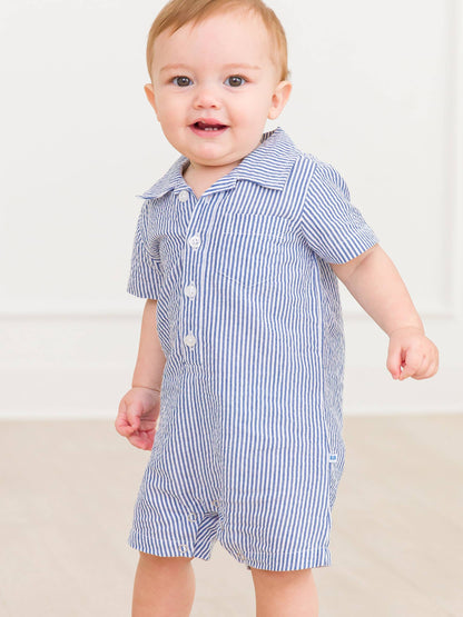 Classic Blue Seersucker Button-Up Romper