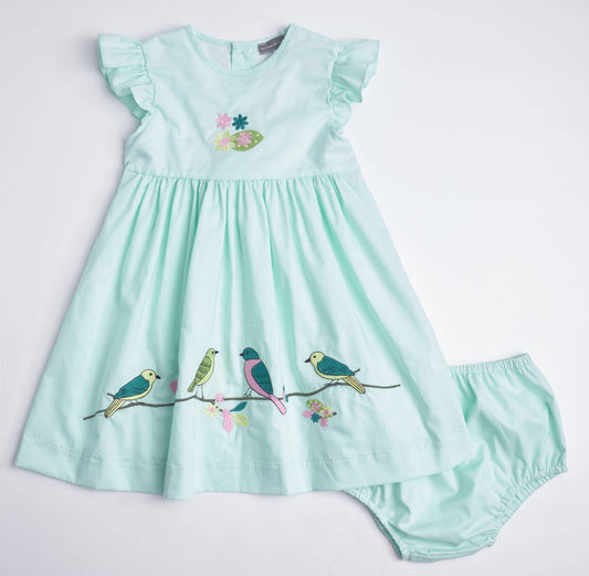 Aqua Bird Embroidered Dress + Bloomer